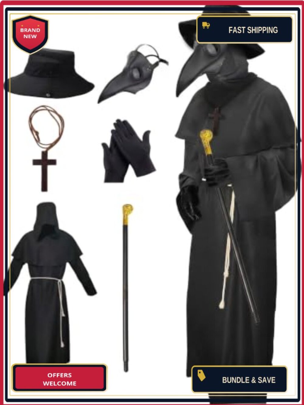 Plague Doctor Costume Set 6-in-1 Leather Mask Robe Hat Gloves Scepter